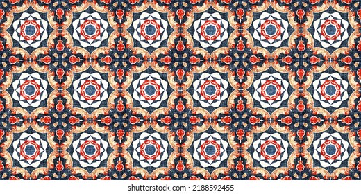 Retro Blue Red Pattern Clash Geometric Bandana Border. Masculine Fashion Edging Trim Banner With Nantucket Style Decorative Design. Endless Repeatable Tape