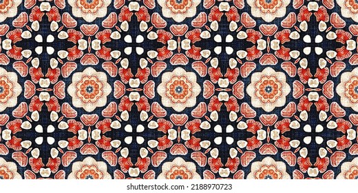 Retro Blue Red Pattern Clash Geometric Bandana Border. Masculine Fashion Edging Trim Banner With Nantucket Style Decorative Design. Endless Repeatable Tape