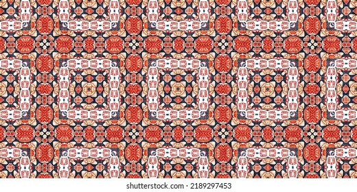 Retro Blue Red Pattern Clash Geometric Bandana Border. Masculine Fashion Edging Trim Banner With Nantucket Style Decorative Design. Endless Repeatable Tape