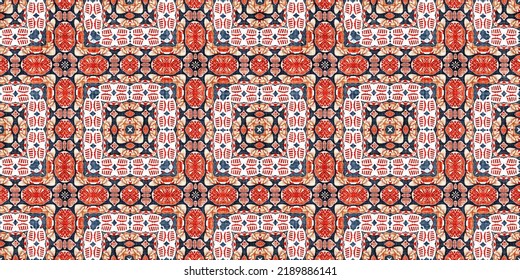 Retro Blue Red Pattern Clash Geometric Bandana Border. Masculine Fashion Edging Trim Banner With Nantucket Style Decorative Design. Endless Repeatable Tape