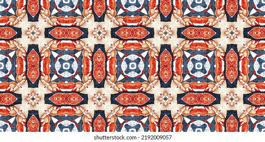 Retro Blue Red Pattern Clash Geometric Bandana Border. Masculine Fashion Edging Trim Banner With Nantucket Style Decorative Design. Endless Repeatable Tape