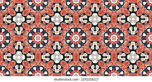 Retro Blue Red Pattern Clash Geometric Bandana Border. Masculine Fashion Edging Trim Banner With Nantucket Style Decorative Design. Endless Repeatable Tape