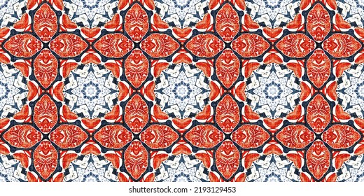 Retro Blue Red Pattern Clash Geometric Bandana Border. Masculine Fashion Edging Trim Banner With Nantucket Style Decorative Design. Endless Repeatable Tape