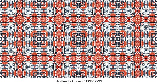 Retro Blue Red Pattern Clash Geometric Bandana Border. Masculine Fashion Edging Trim Banner With Nantucket Style Decorative Design. Endless Repeatable Tape