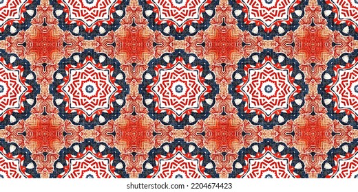 Retro Blue Red Pattern Clash Geometric Bandana Border. Masculine Fashion Edging Trim Banner With Nantucket Style Decorative Design. Endless Repeatable Tape