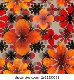 Retro Bold Floral Pattern in Warm Tones

A bold, seamless floral pattern with a retro-inspired look, featuring large overlapping flowers in shades of orange, red, yellow, and black