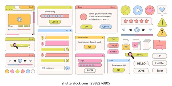 Retro browser computer window in 90s vaporwave style with smile face hipster stickers. Retrowave pc desktop with message boxes and popup user interface elements, illustration of UI and UX.