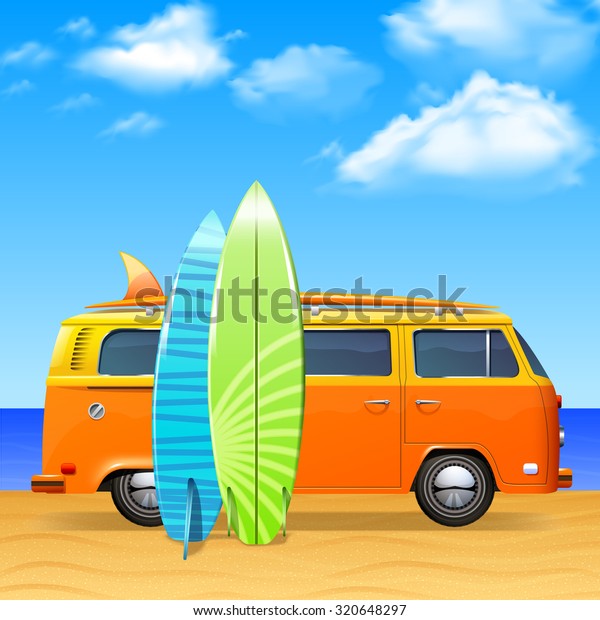 Retro bus with surf boards on summer sea\
background \
illustration