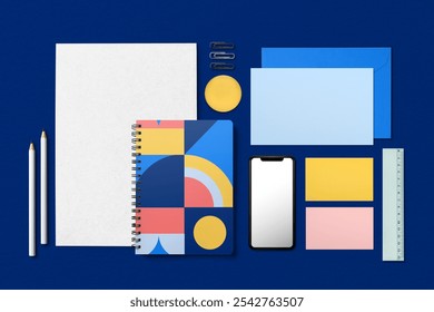 Retro business corporate identity flat lay mockup design. Business branding corporate identity design. Colorful retro geometric shape design with bold color on stationery flat lay mockup - Powered by Shutterstock