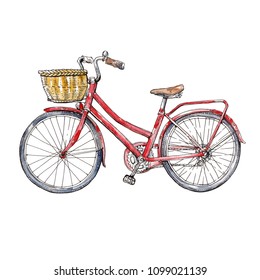 Retro Bycicle, Vintage Bike Watercolor Illustration Isolated On White Background