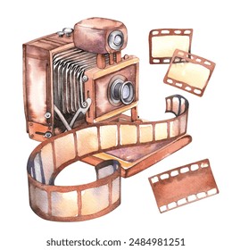 Retro camera and films. Hand painted watercolor illustration. Vintage object painting. - Powered by Shutterstock