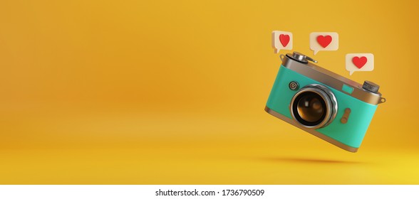 Retro Camera On Color Background With Heart Sign. Copy Space For Text. 3d Rendering.