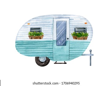 Retro camper van with green plant pots isolated on white background. Classic trailer, vintage house on wheels. Watercolor illustration, hand dawn clipart.