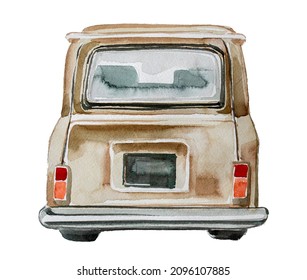 Retro car design. Watercolor hand painted old automobile illustration. Vintage vehicle themed clipart.