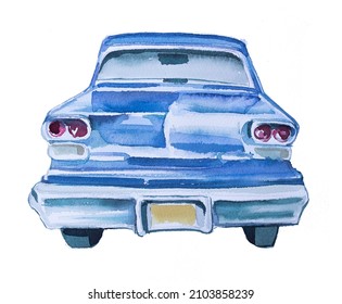 Retro car design. Watercolor hand painted old automobile illustration. Vintage vehicle themed clipart.