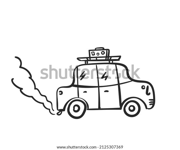 Retro car doodle road trip, Cartoon car with\
luggage blowing exhaust fumes, Hand drawn illustration isolated on\
white background,\
sketch