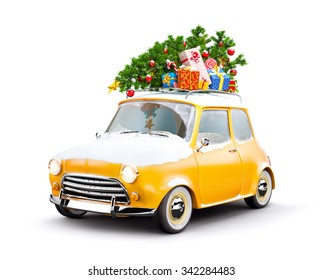 Retro car with gift boxes and christmas tree. Unusual christmas illustration  - Powered by Shutterstock