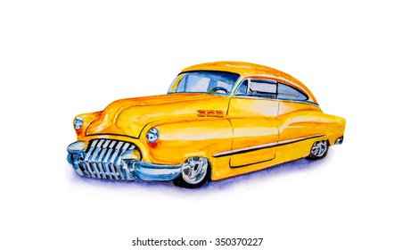 Retro car hand drawn watercolor isolated on white (1950s - 1960s)