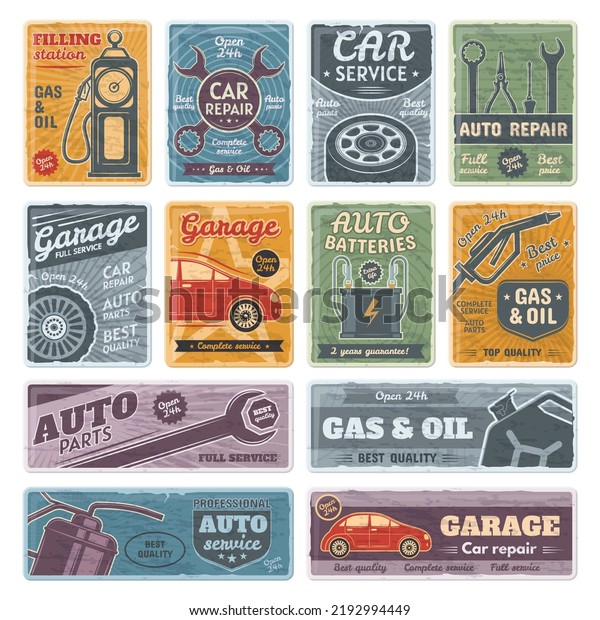 Retro\
car metal signs, garage, fuel, auto service posters. Gasoline\
station and repair service signs  illustration set. Rusty old\
plates. Garage car service, repair auto poster\
old