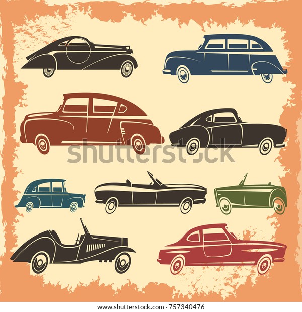 Retro car models collection with\
vintage style autos on aged background abstract \
illustration
