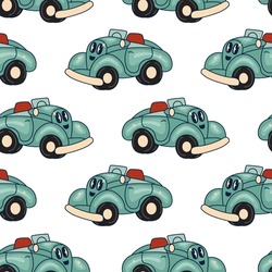 Retro Car Seamless Pattern. Cartoon Transportation Background For Kids. Seamless Pattern With Doodle Toy Cars And Traffic Signs.