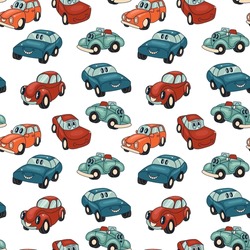 Retro Car Seamless Pattern. Cartoon Transportation Background For Kids.  Seamless Pattern With Doodle Toy Cars And Traffic Signs.