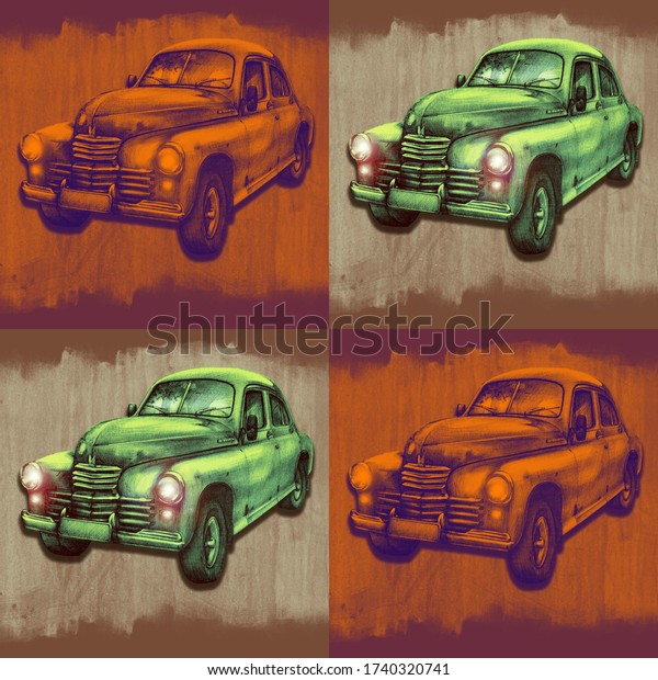 \
Retro car in the style of pop art. \
The\
image can be used in the interior design of a car repair shop or\
car dealership.
