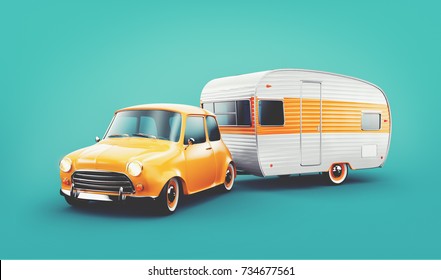 Retro car with white trailer. Unusual 3d illustration of a caravan. Camping and traveling concept