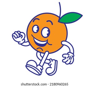 Retro Cartoon Character With A Body Of An Orange Fruit. Juice, Food Mascot. Vintage Rubberhose Comic Style Design. 