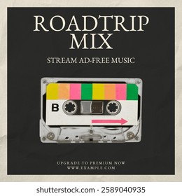 Retro cassette tape with colorful labels. Roadtrip mix theme. Vintage cassette design. Stream ad-free music. Upgrade to premium. Nostalgic cassette vibe. Creative template design. - Powered by Shutterstock - Get 15% off with code: PIKWIZARD15