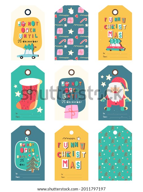 Retro Christmas and New year gift tags with hand\
drawn lettering, Christmas elements, Santa Claus and Xmas symbols.\
Kids illustration. Hang tag is great for packaging\
gifts.