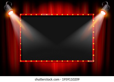 Retro Cinema Or Theater Frame Illuminated By Spotlight. Now Showing Sign On Red Curtain Backdrop. Vintage Hollywood Movie Premiere Signs. Raster Copy