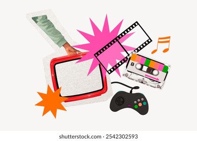 Retro collage with TV, cassette, and game controller on white background. Vibrant retro elements like TV, cassette, and game controller. Nostalgic retro vibes with TV and cassette. - Powered by Shutterstock