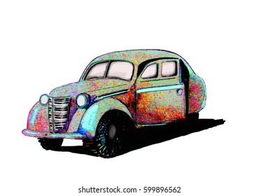 Retro colorful car, hand drawn watercolor illustration