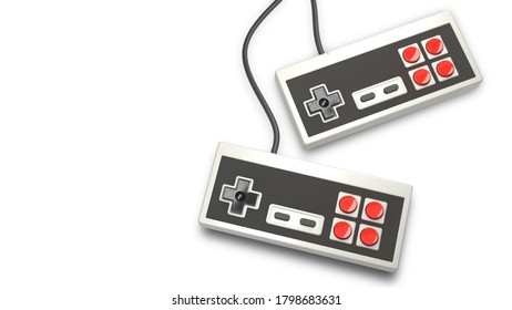 Retro computer gaming controller joystick with red and black buttons on a white background, concept of vintage rectangular gamepad. 3d render and illustration.