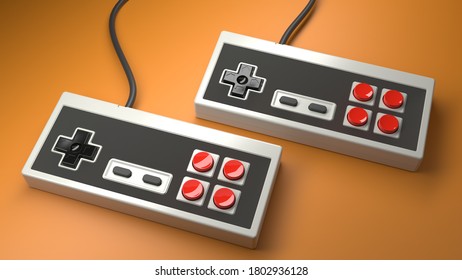 Retro computer gaming controller joystick with red and black buttons on a white background, concept of vintage rectangular gamepad. 3d render and illustration.