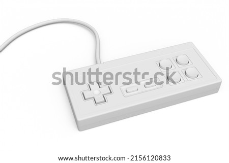 Retro computer gaming controller joystick on monochrome white background. 3d render concept of vintage rectangular gamepad.
