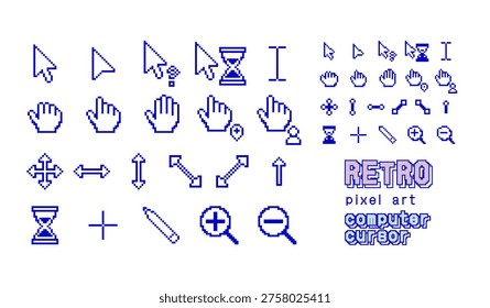 Retro Computer Mouse Cursor Pixel Art Set. 90s Style Desktop OS Pointer Collection in Blue Dot Art. Nostalgic Pixelated Graphics including Arrow, Hourglass, Hand, and Zoom icons for Y2K Aesthetic. white background