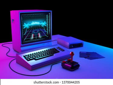 Retro Computer Old Tecnology With A Example Of Retrowave Game On The Screen - 3d Rendering