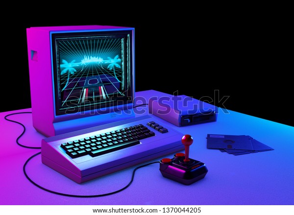 レトロなコンピュータ古いテクノロジーと レトロウェーブゲームの例を画面に表示 3dレンダリング のイラスト素材