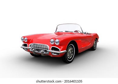 Retro Convertible Red Roadster Car. 3D Illustration Isolated On A White Background.