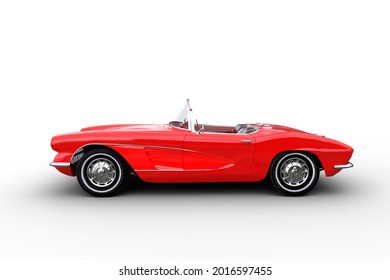 Retro convertible red roadster car. Side view 3D illustration isolated on a white background.