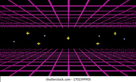 Retro cyberpunk style 80s game scene pixel art 8-bit sci-fi background. Futuristic with laser grid landscape. Digital cyber surface style of the 1980`s. 3D illustration - Powered by Shutterstock