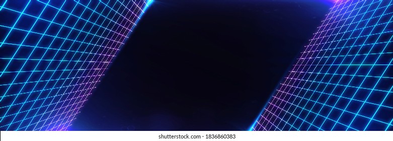 Retro Cyberpunk Style 80s Sci-Fi Background Futuristic With Laser Grid Landscape. Digital Cyber Surface Style Of The 1980`s. 3D Illustration. For Banner