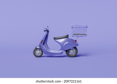 Retro Delivery Scooter With Backpack In A Minimalistic And Monochromatic Scene. Very Peri Color. Concept Of Home Delivery, Online Shopping, Speed And Service. 3d Rendering