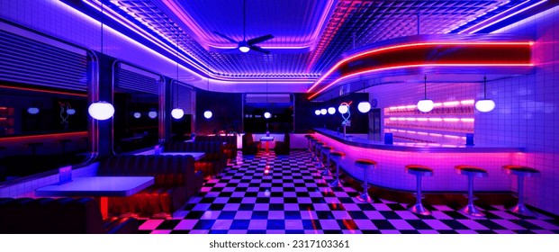 Retro diner interior with tile floor, jukebox, neon illumination, vintage arcade machine and bar stools. With words "Neon City" on the sign. 3d illustration. - Powered by Shutterstock