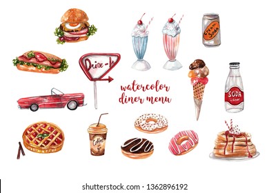 Retro Diner Menu. Burger, Hot Dog, Soda, Milkshakes, Ice Cream, Berry Pie, Donuts, Coffee. Collection Of Watercolor Illustrations On White Isolated Background