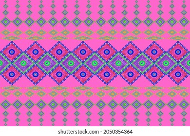 Retro fabric pattern, ethnic seamless pattern design, geometric pattern for bright pink background, carpet, wallpaper, clothing, wrapping, fabric pattern, cushion, curtain.