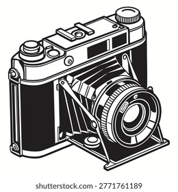 Retro folding camera vector art black and white still life photography illustration equipment mechanical technical capturing creative snapshot historical collectible perspective