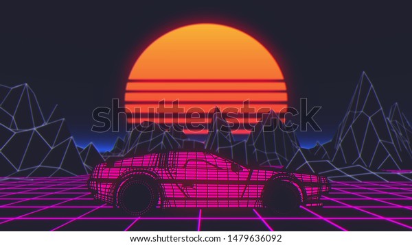 Retro future, 80s style Sci-Fi Background.\
Futuristic car. 3d\
illustration.